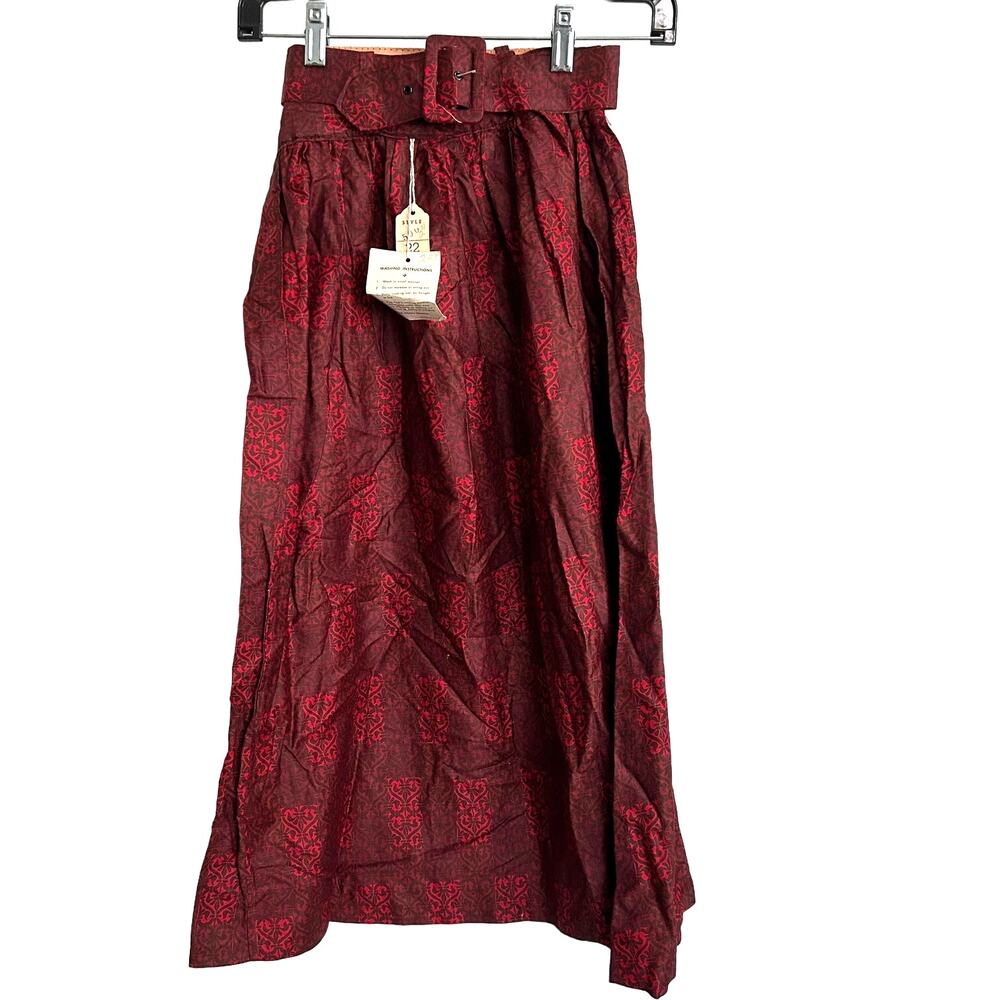 Vintage Red Black 100% Cotton‎ A-Line Skirt With Belt 22" Waist NOSWT